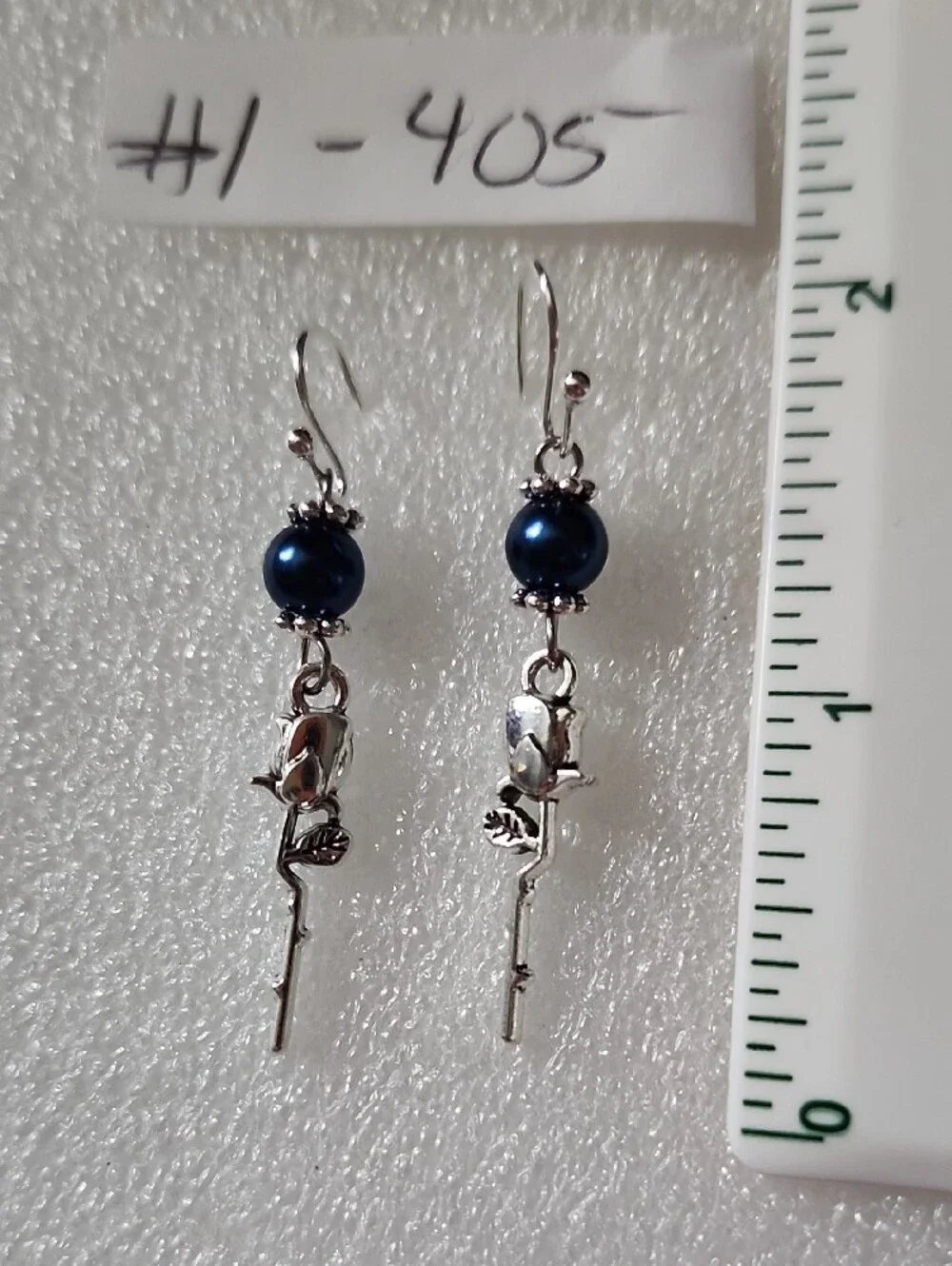 Hand Crafted Navy Blue Pearl Rose Dangle Earrings